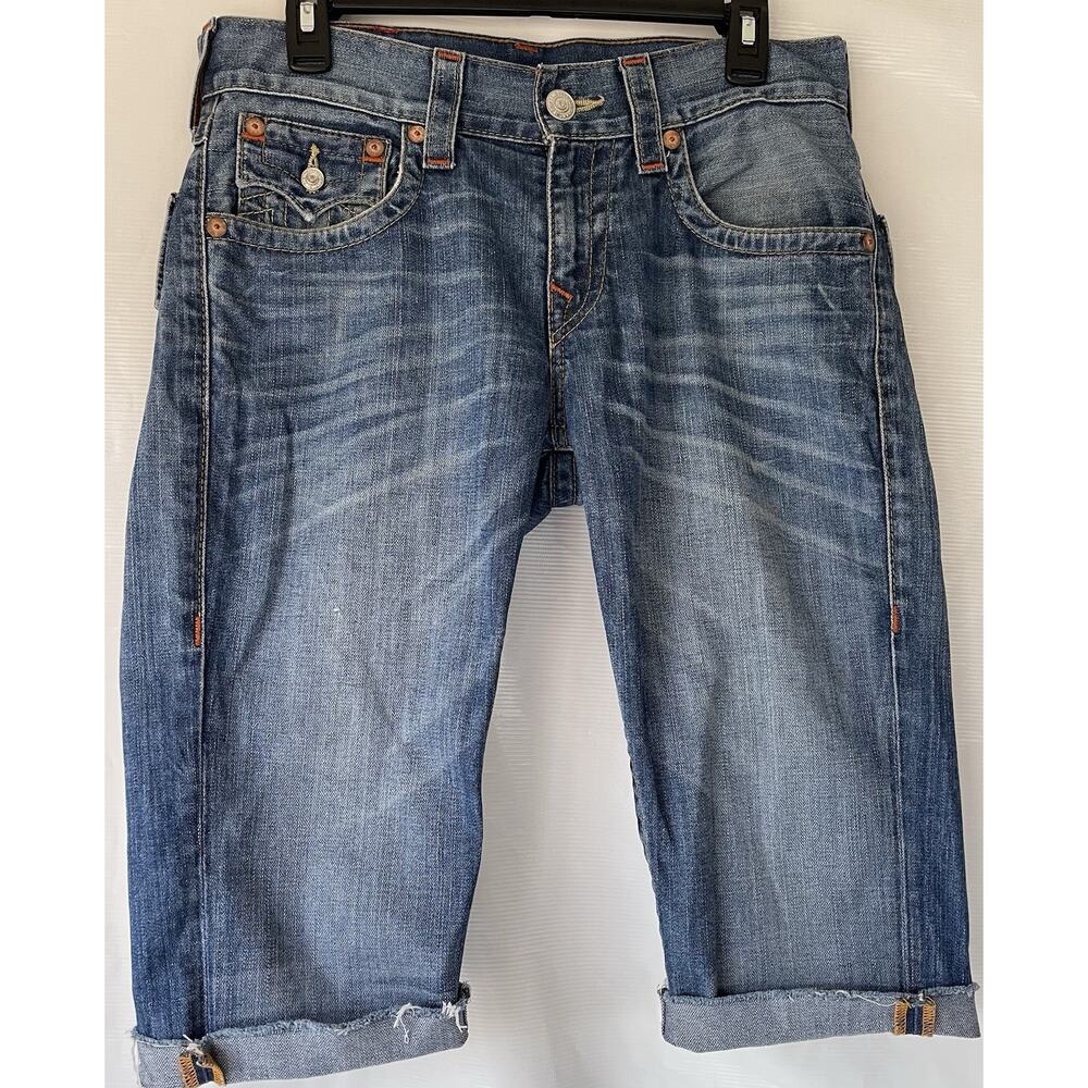 TRUE RELIGION Jeans Distressed Blue Denim Bermuda Shorts Raw Hem 29 Mid Rise